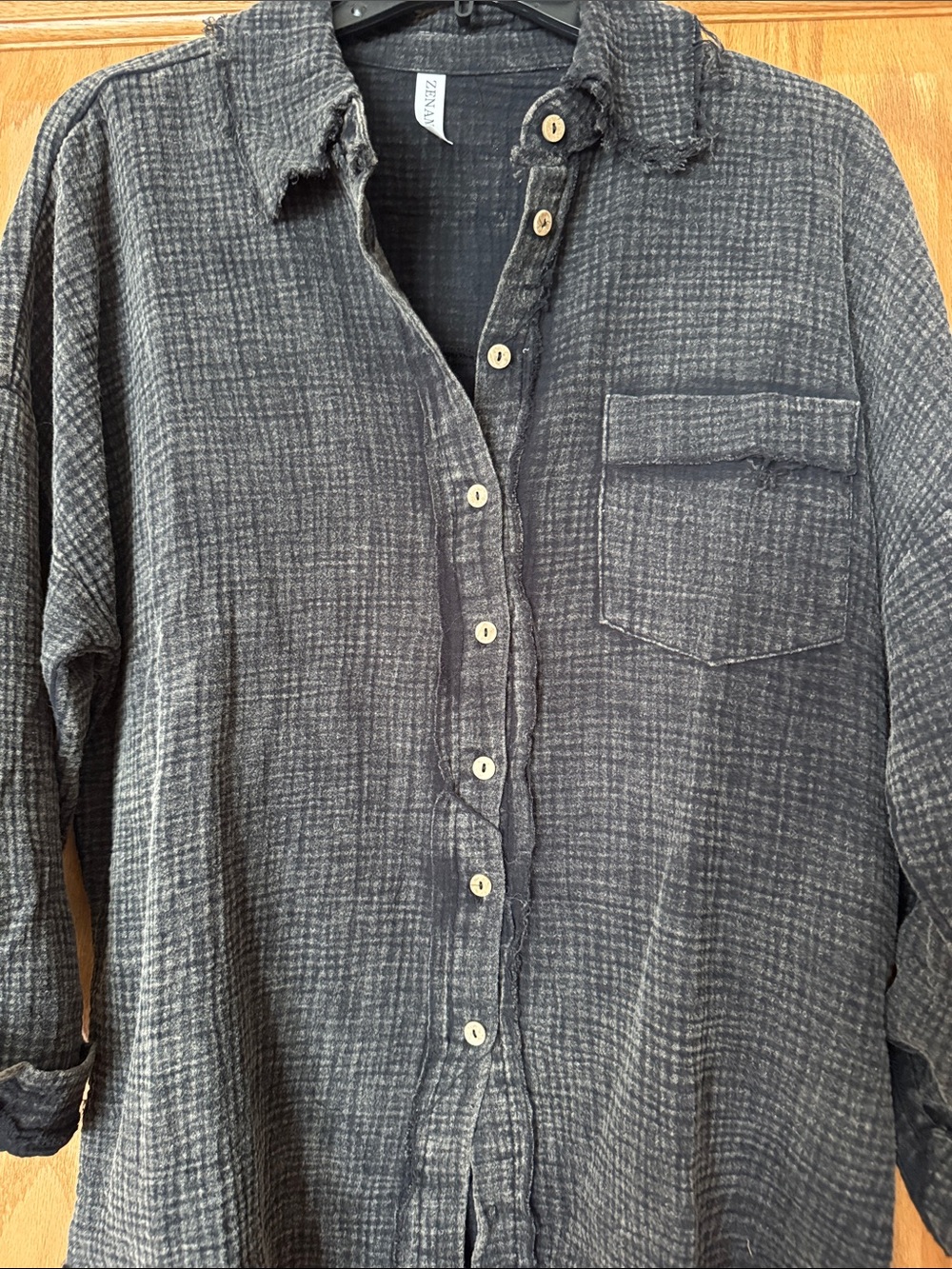 ZENANA Women’s Charcoal Gray Textured Button-Front Blouse 100% Cotton Small NEW